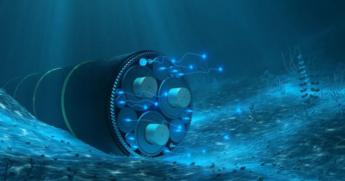 Ilustrasi kabel bawah laut Meta Petal yang menghubungkan Prancis dan Amerika Serikat dengan kecepatan 1 Pbps