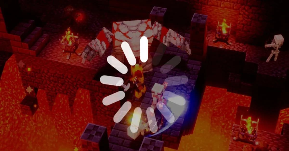 Tangkapan layar game Minecraft dengan logo buffering di atasnya, menggambarkan sistem iklan Microsoft dalam game
