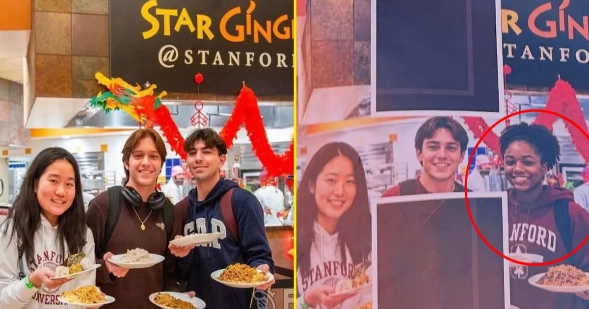 A graphic shows an image that Stanford edited to include a nonexistent Black student.
