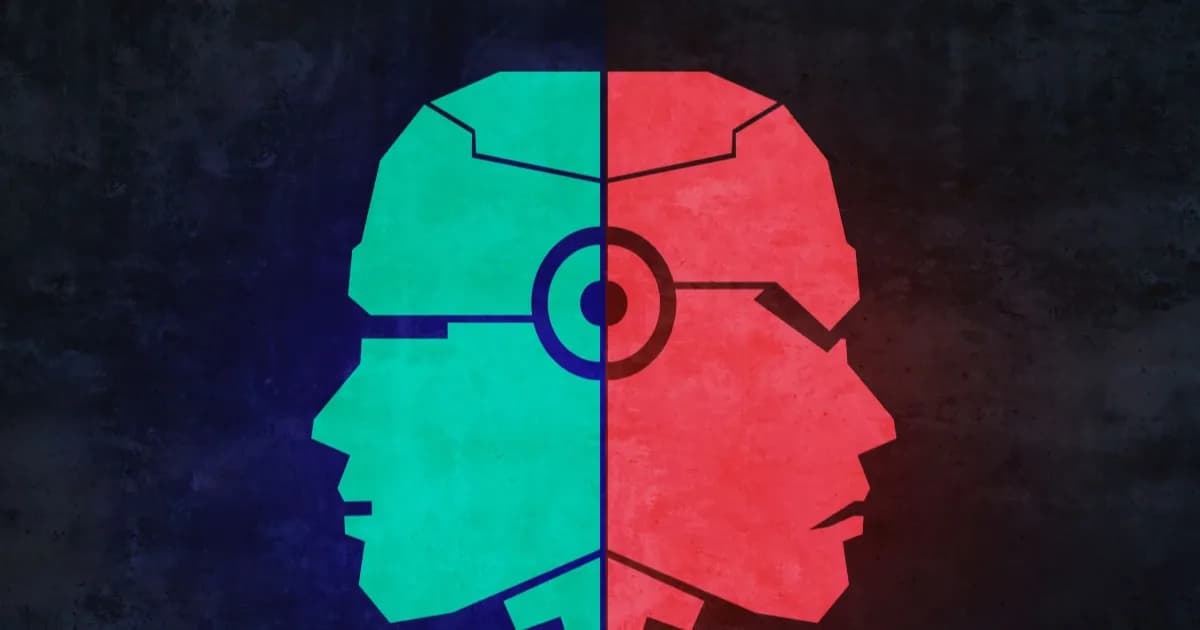 Dua wajah robotik berwarna hijau dan merah yang menggambarkan bot baik dan bot jahat, merepresentasikan dampak positif dan negatif AI serta chatbot.