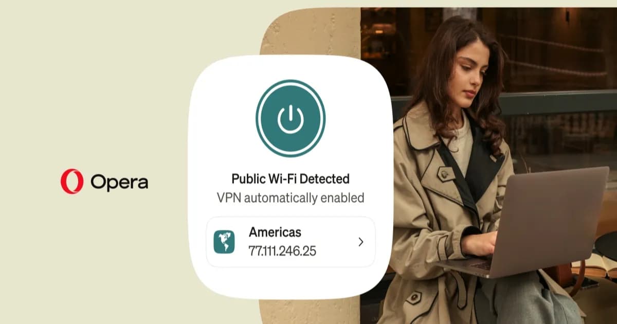 Ilustrasi pengguna laptop dengan logo Opera dan VPN gratis yang aktif otomatis di Wi-Fi publik