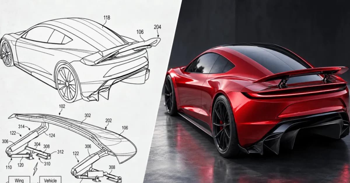 Ilustrasi Tesla Roadster dengan sayap belakang aktif tersembunyi