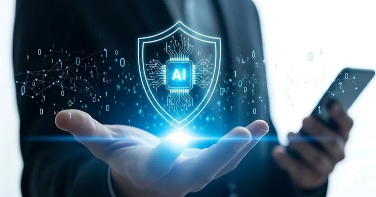 Ilustrasi keamanan AI dengan agen otonom dan perlindungan data digital
