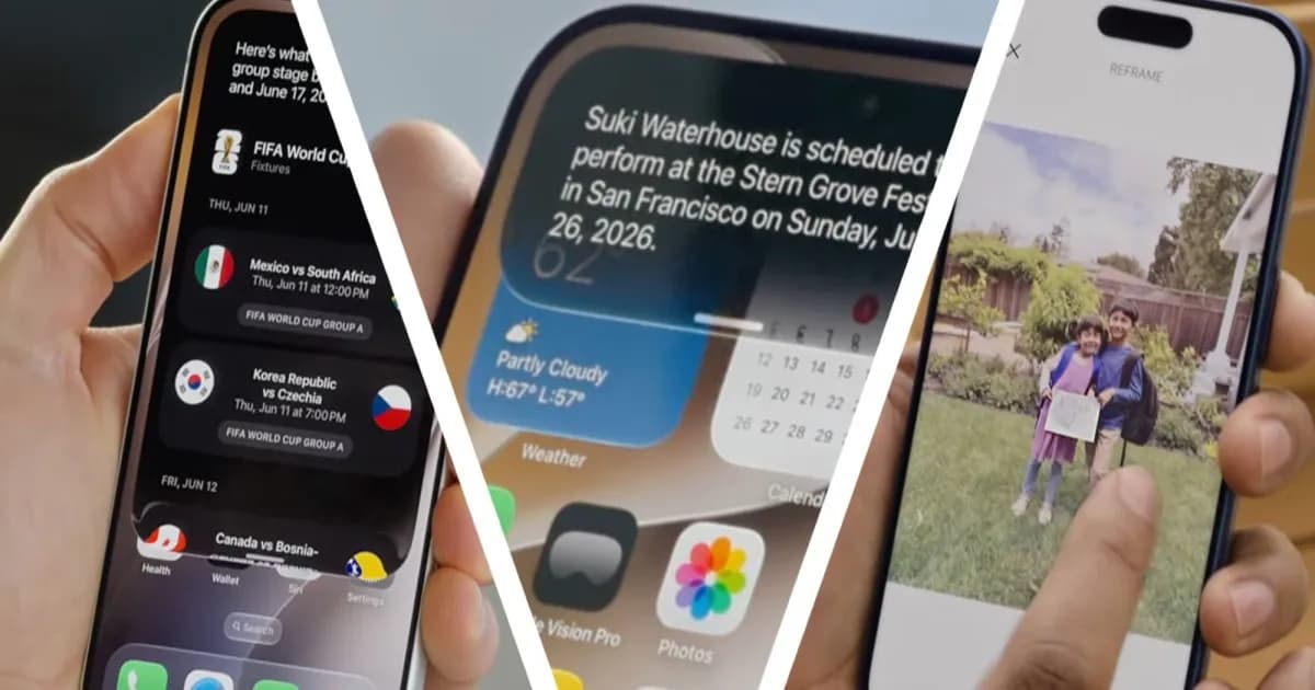 Tiga iPhone menampilkan fitur iOS 27