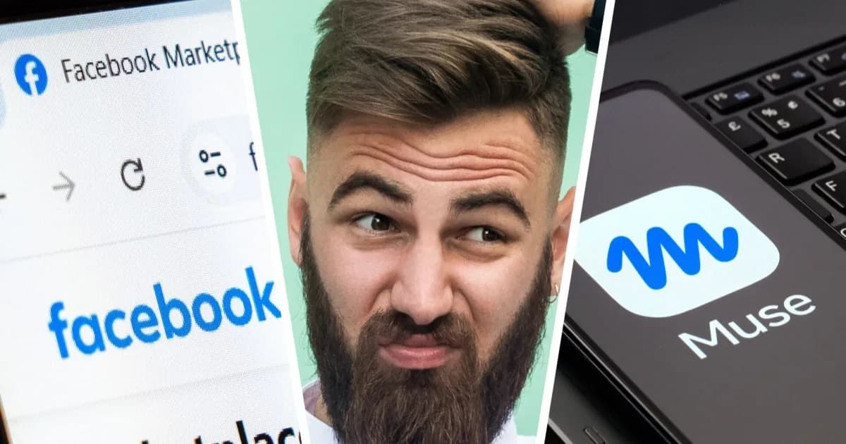 Split image antara Facebook Marketplace, pria kebingungan, dan Meta Muse