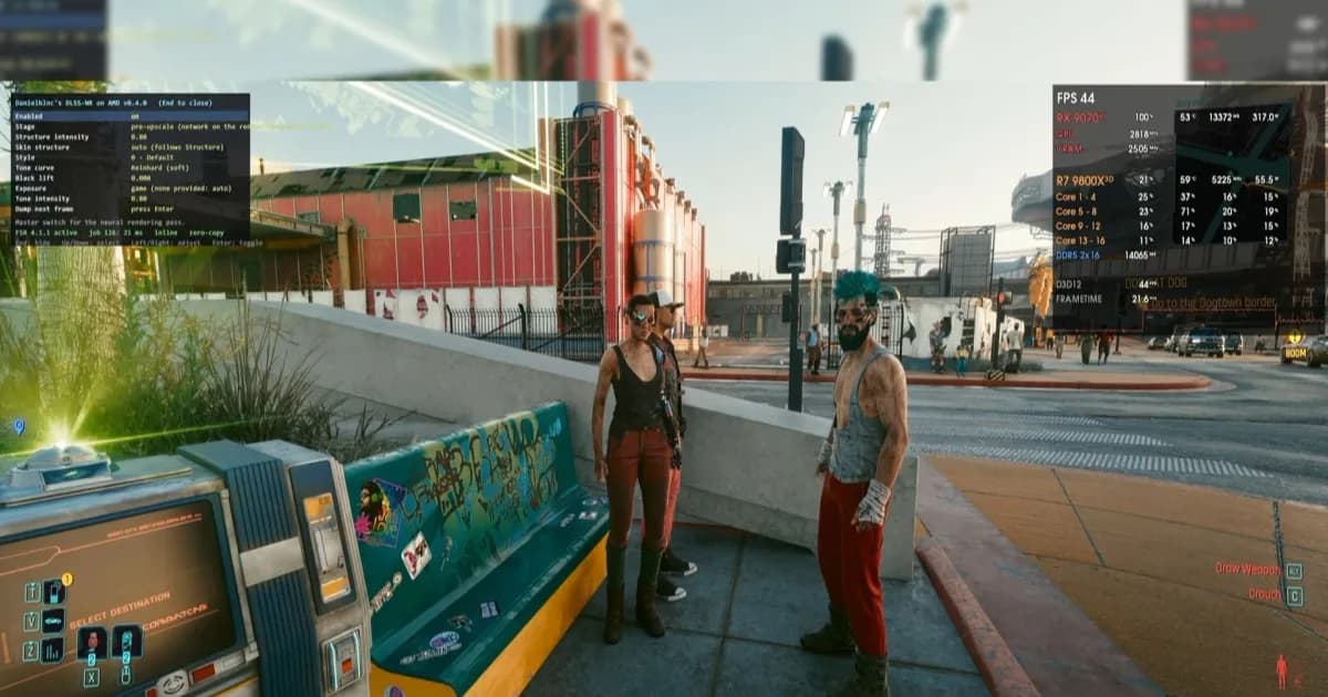 Screenshot Cyberpunk 2077 berjalan di AMD Radeon RX 9070 XT dengan mod DLSS 5 tidak resmi