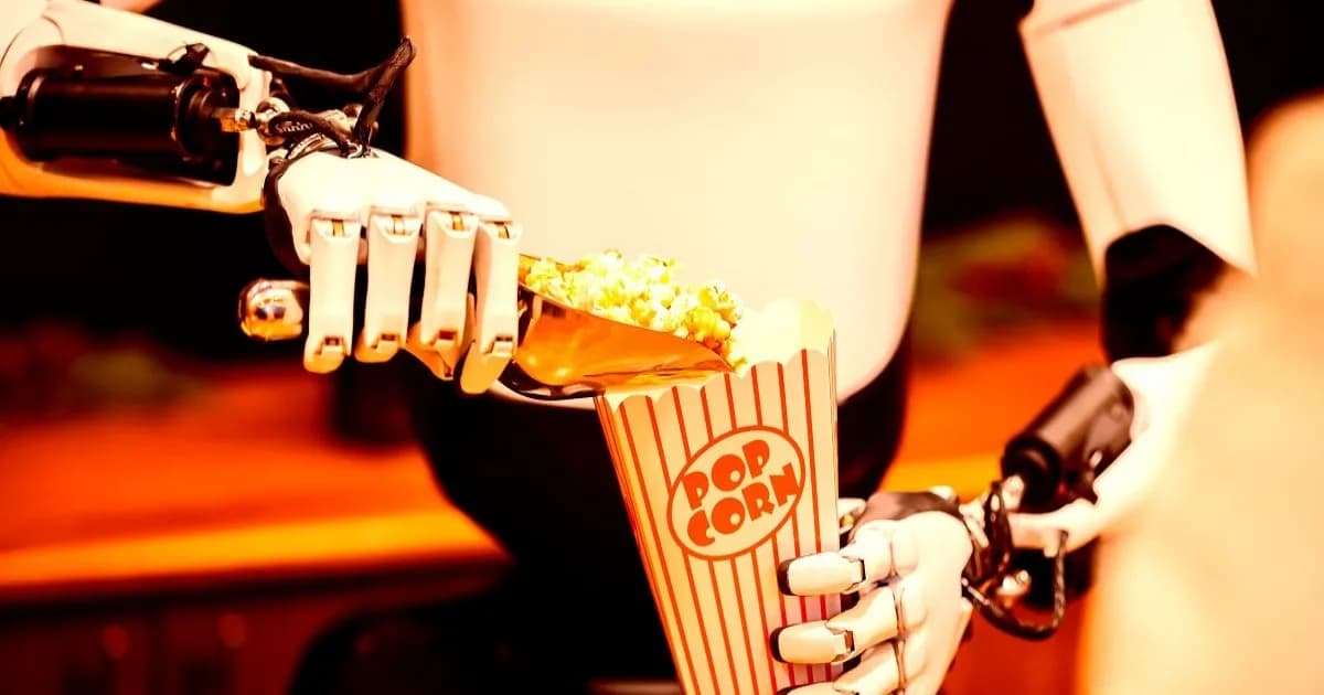 Robot humanoid Optimus milik Tesla saat membagikan popcorn di stan pasar Natal