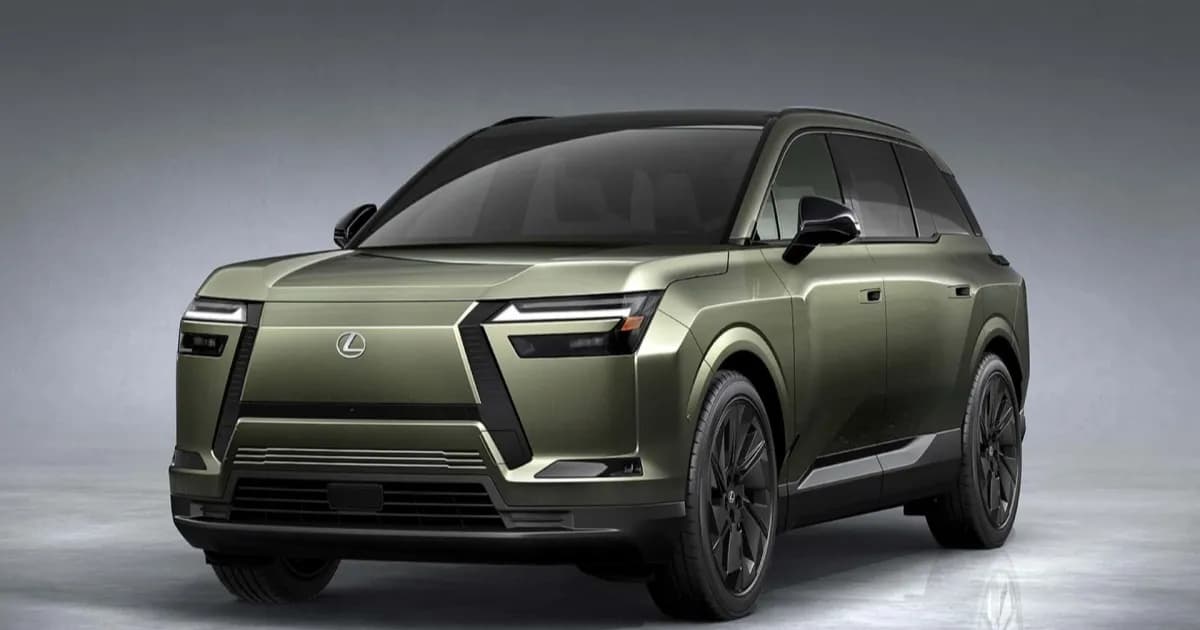 Lexus TZ450e SUV listrik tiga baris tampak depan dengan grille khas Lexus dan lampu LED tajam