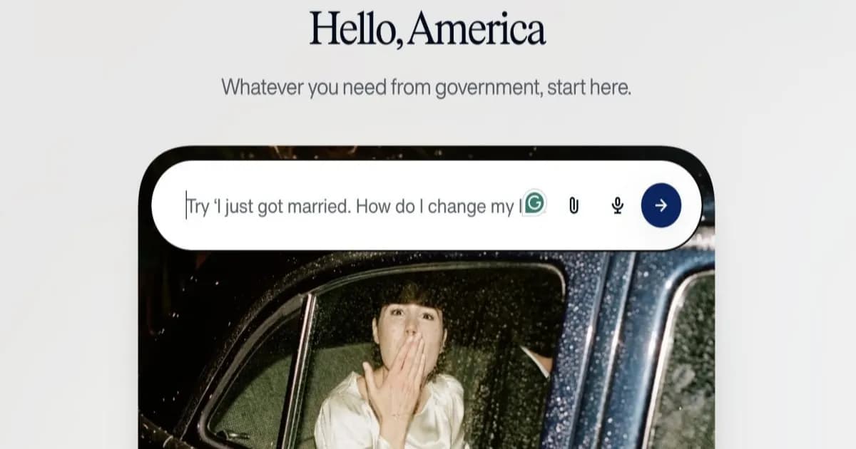 Tampilan antarmuka chatbot America.gov di layar perangkat dengan latar gedung pemerintahan Amerika Serikat