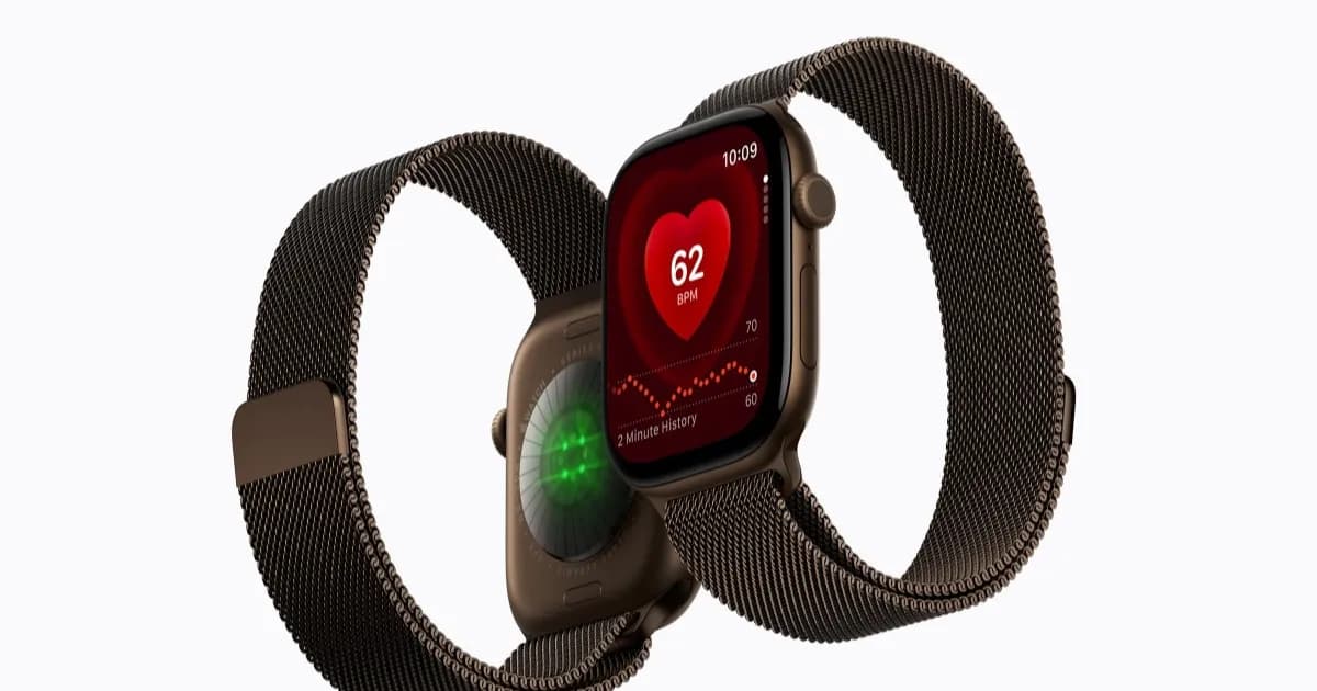 Apple Watch Series 12 dengan casing keramik pearl white menampilkan layar watchOS 27 dengan tampilan grid aplikasi dinamis