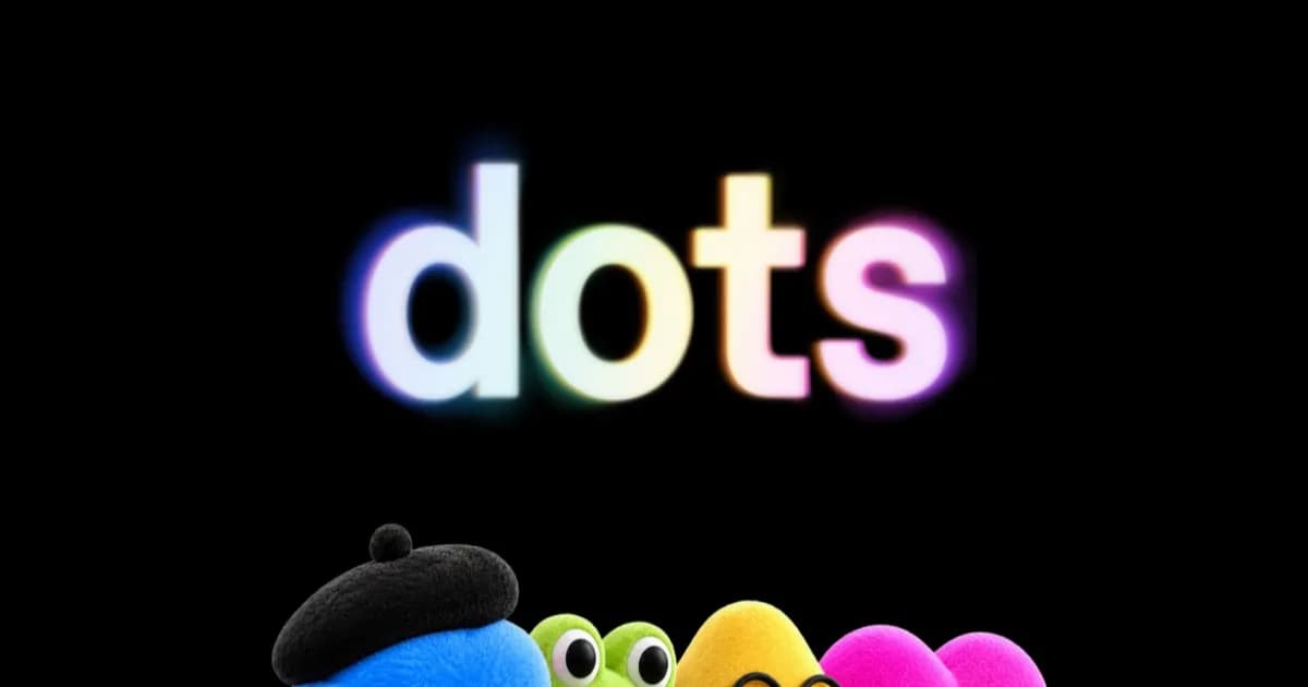 Wordmark OpenAI dots berwarna-warni menyala di atas empat karakter dot berbentuk boneka dengan latar hitam