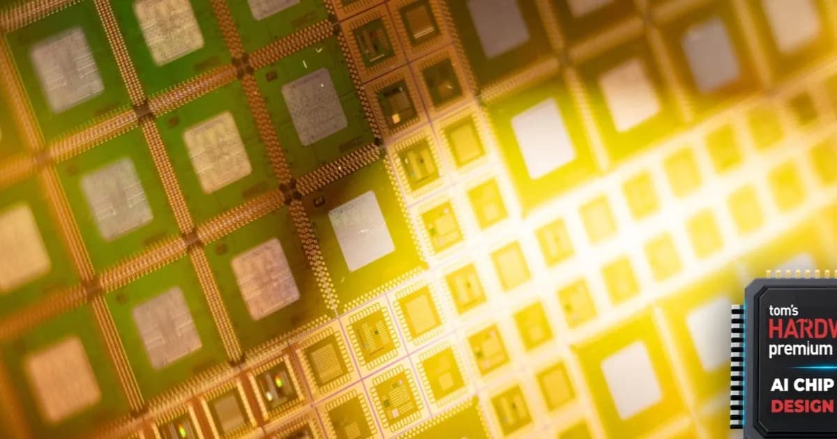 Ilustrasi AI desain chip dengan wafer silikon dan sirkuit terintegrasi