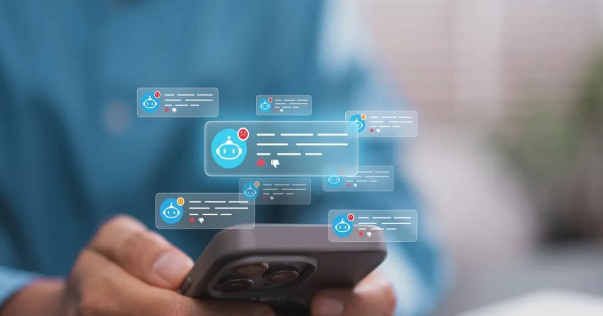 Ilustrasi konsep AI chatbots dengan antarmuka ponsel pintar dan notifikasi chatbot