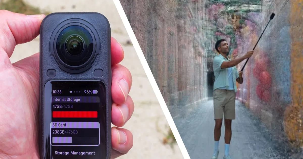 Tangan memegang kamera Insta360 X6 di samping pria yang menggunakan kamera Insta360 untuk pemindaian 3D