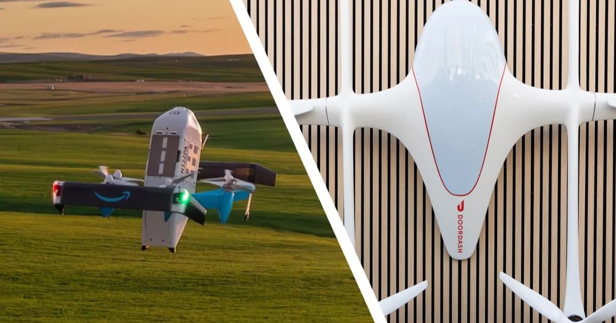 Drone pengiriman Amazon terbang di atas lapangan bersebelahan dengan foto tampak atas drone pengiriman DoorDash