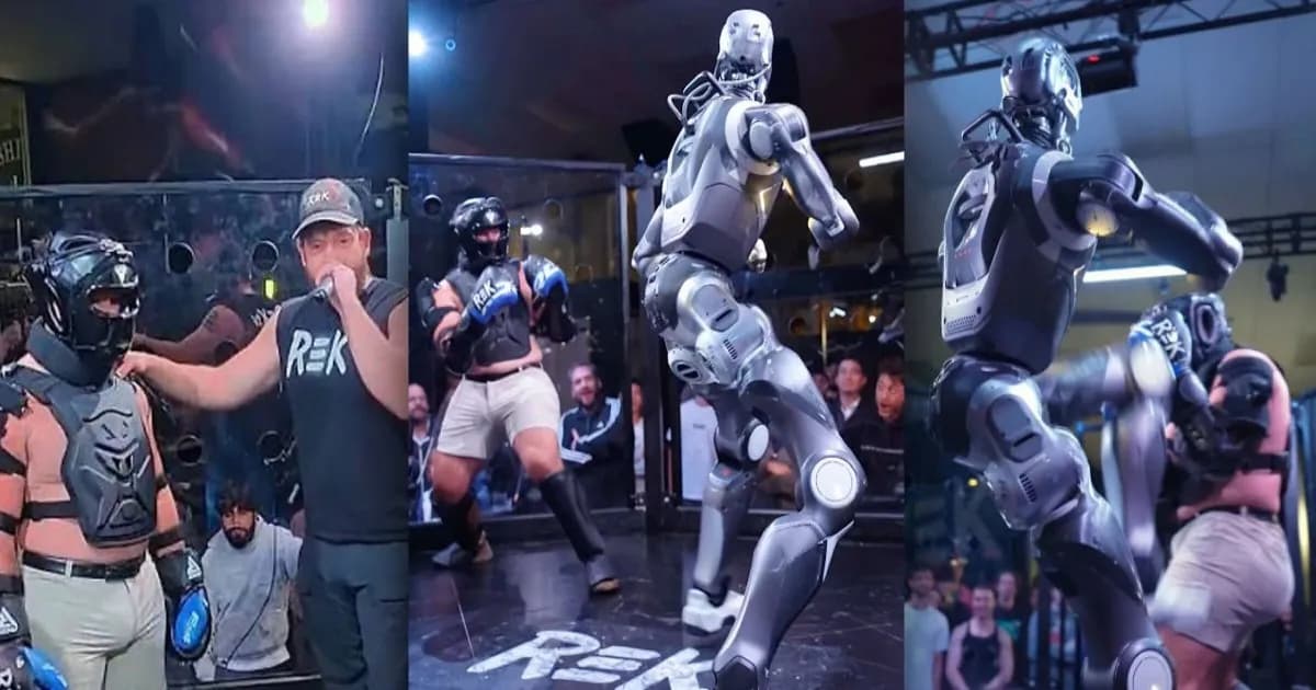 Screenshots of a humanoid robot fighting a human.