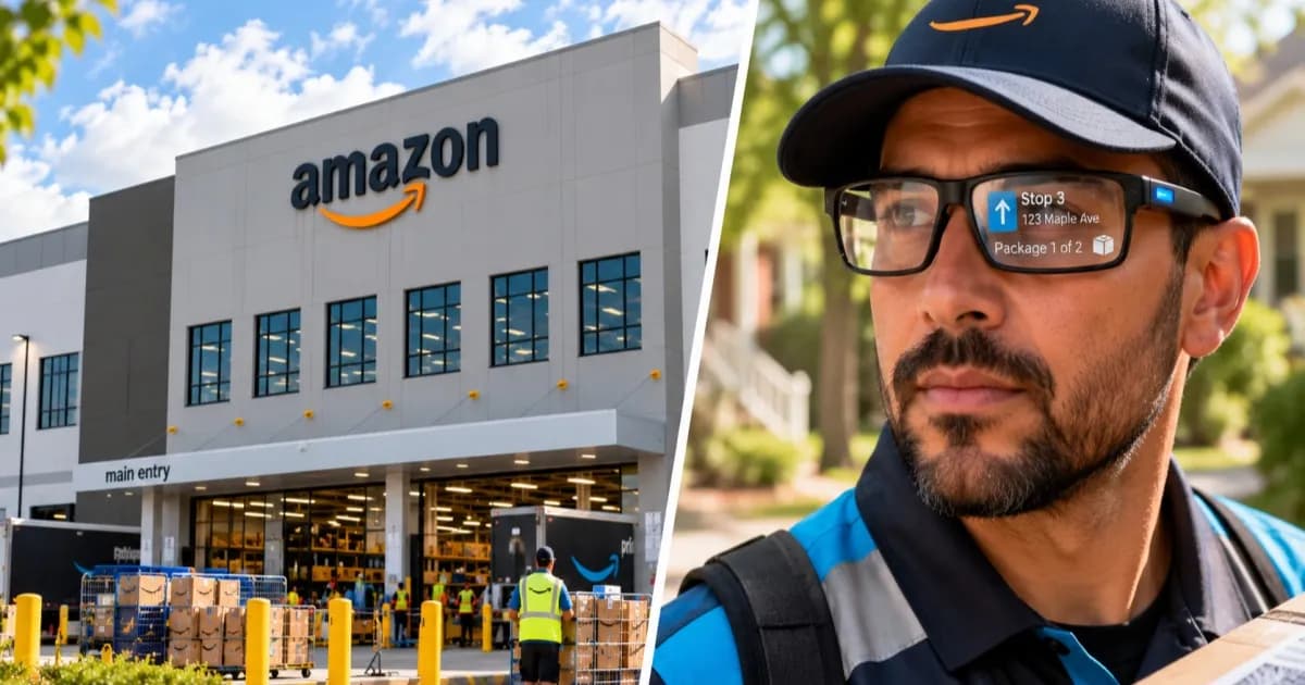 Kurir Amazon mengenakan kacamata pintar dengan kamera dan tampilan navigasi di garis pandang