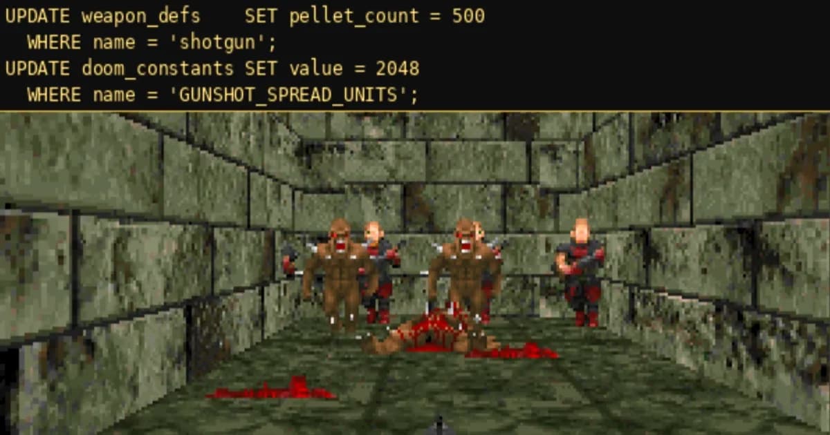 Tampilan SQLDoom yang menjalankan game Doom di dalam database CedarDB