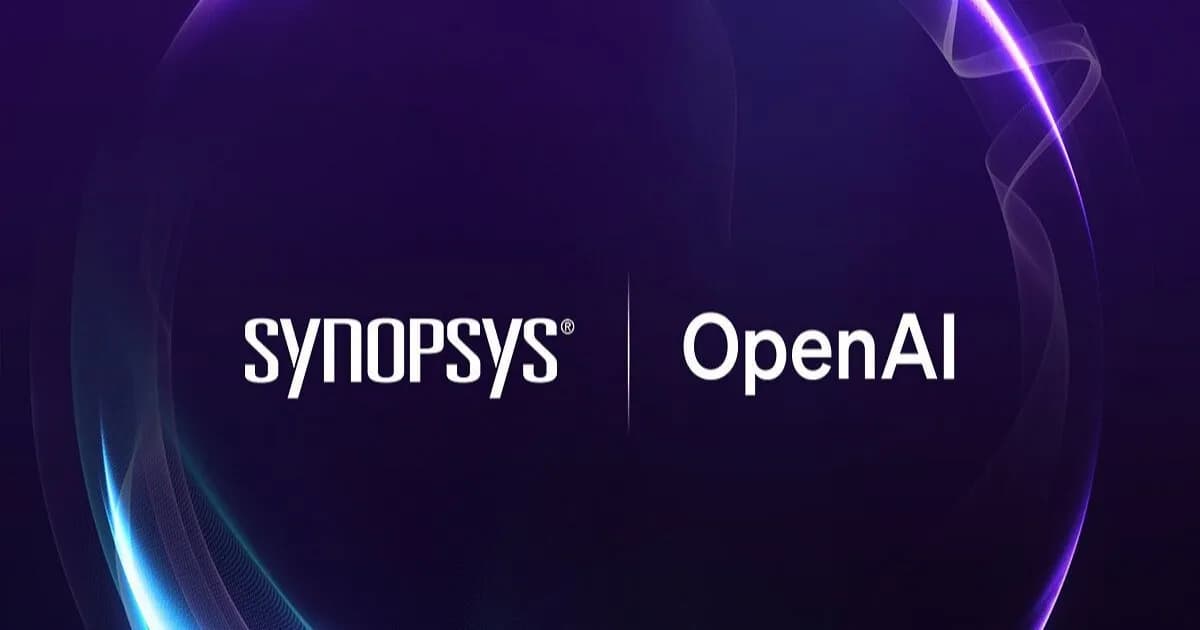 Logo OpenAI dan Synopsys dalam pengumuman kemitraan pengembangan GPT-Synopsys
