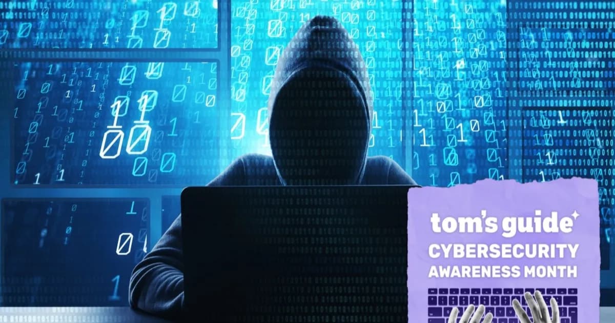 Ilustrasi peringatan penipuan AI scam dengan latar teks biner dan badge Cybersecurity Awareness Month