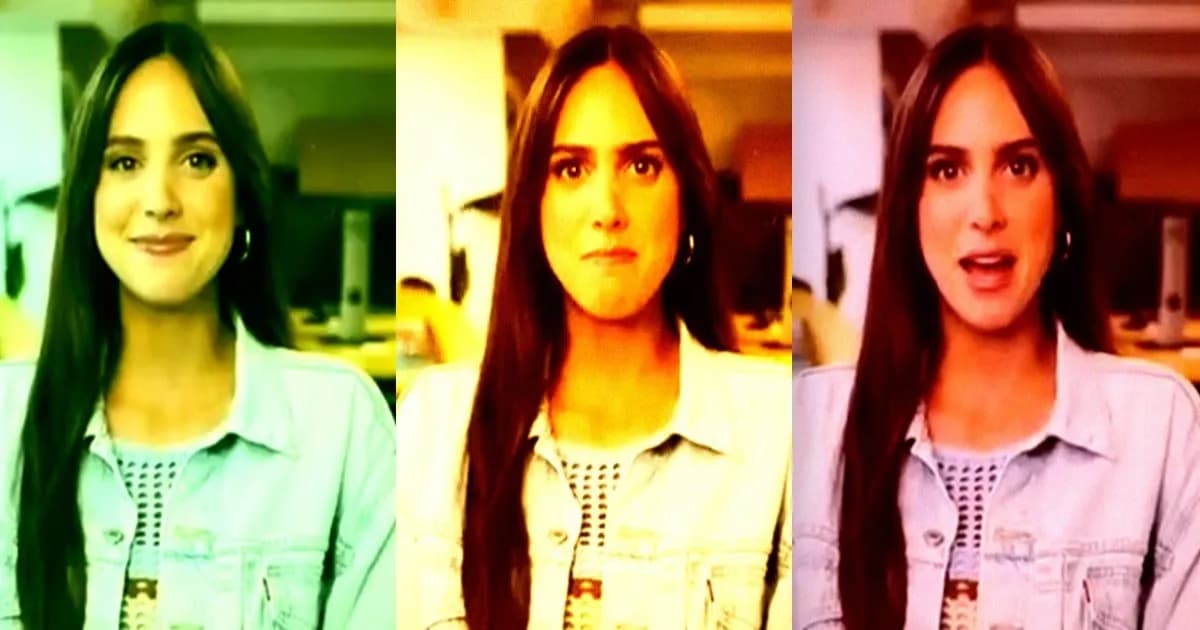 Screenshots of an AI avatar interviewing an influencer speaking gibberish.
