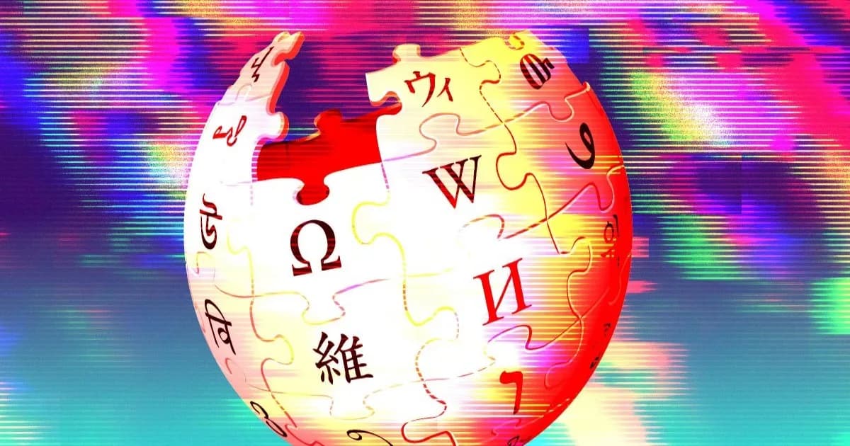 Ilustrasi logo Wikipedia dengan elemen digital yang merepresentasikan aktivitas agen AI otonom.