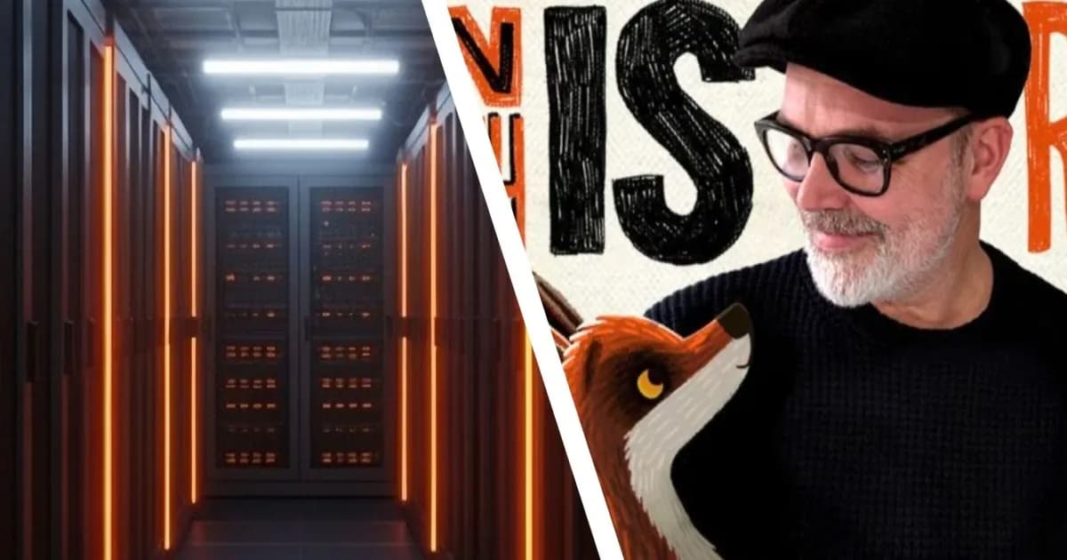Split image showing a data centre and illustrator Rob Biddulph