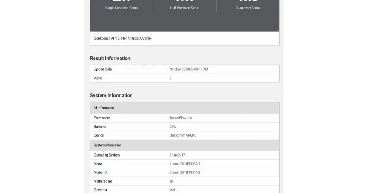 Xiaomi 18 Pro Max versi global terpantau di Geekbench AI dengan Snapdragon 8 Elite Extreme Gen 6