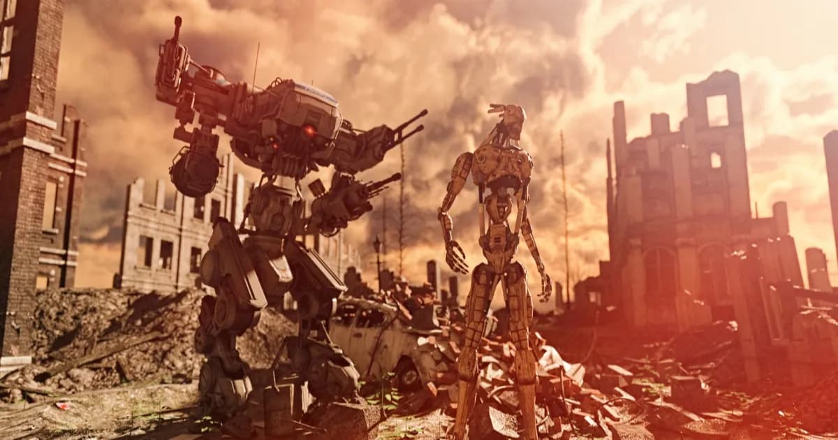 Ilustrasi robot AI dalam lanskap pasca-apokaliptik menggambarkan ancaman rogue AI terhadap infrastruktur kritis