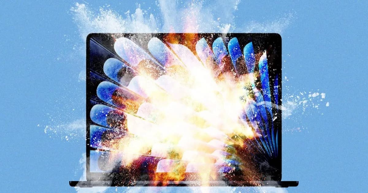 Ilustrasi ledakan di atas MacBook Pro sebagai simbol penghapusan fitur Apple Intelligence