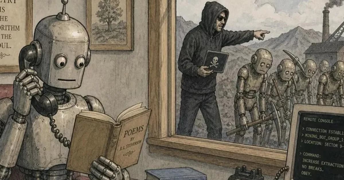 Ilustrasi robot membaca buku puisi di meja sementara pria bertudung mengarahkan robot penambang dengan kapak