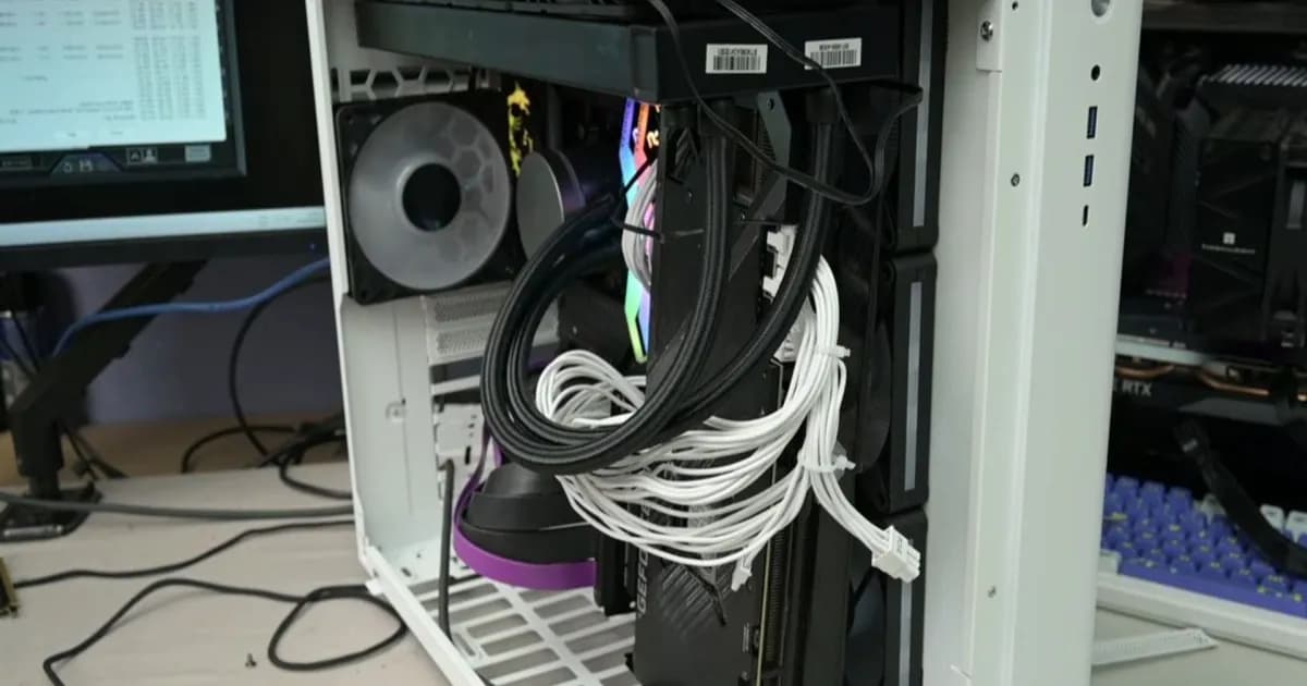 GPU RTX 3080 ditempatkan pada posisi tidak lazim di dalam casing PC dalam eksperimen TrashBench