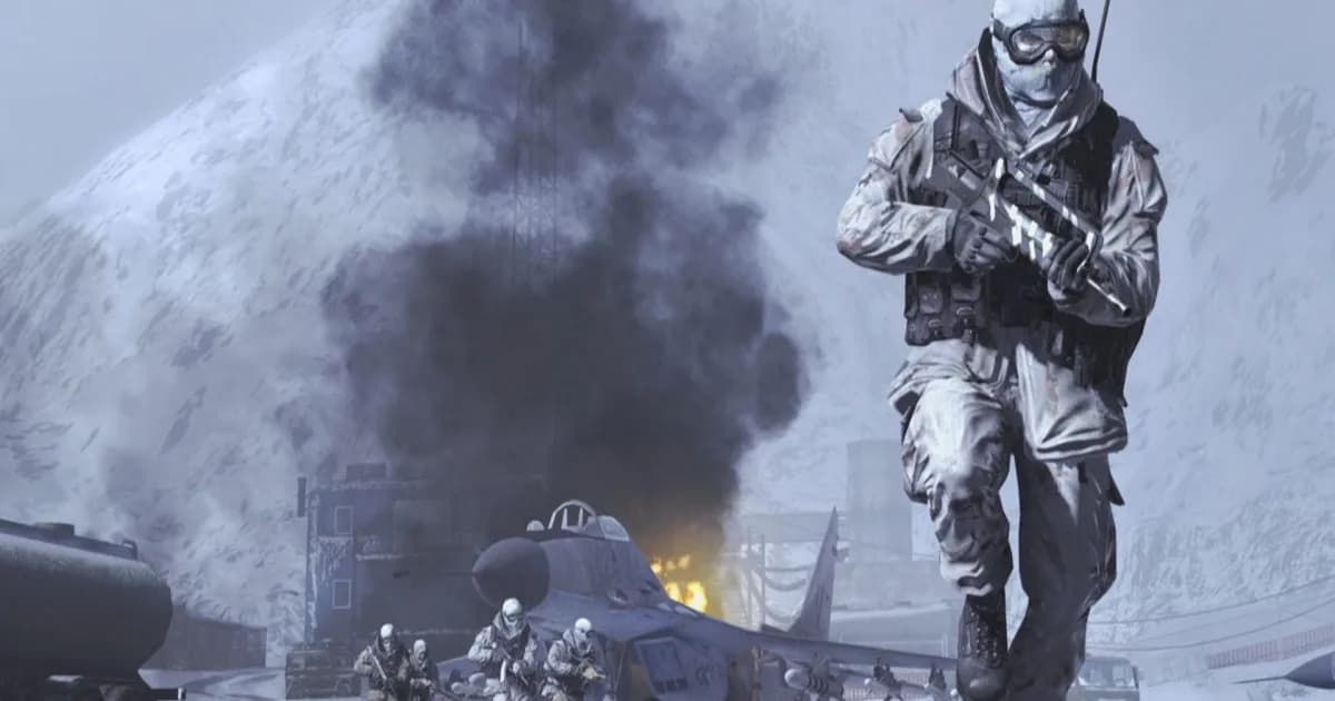 Ilustrasi dekompilasi Call of Duty: Modern Warfare 2 menggunakan AI agent dengan latar kode pemrograman dan elemen teknologi.