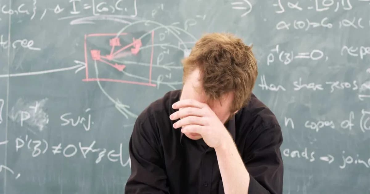 Ilustrasi matematikawan lelah bersandar pada lengannya di depan laptop, menggambarkan tekanan riset matematika akibat rilis solusi AI OpenAI.