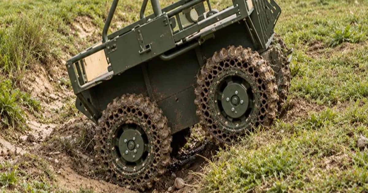 Roda tanpa udara hasil 3D printing terpasang pada kendaraan darat tanpa awak Ukraina