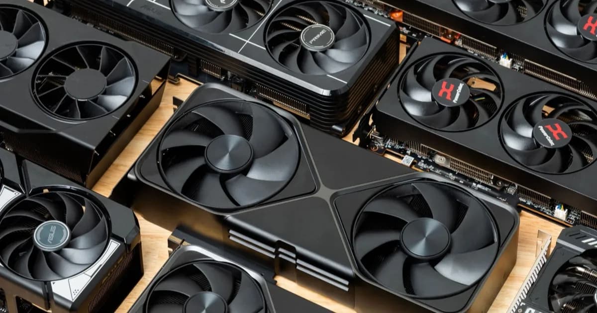 Deretan kartu grafis Nvidia RTX 50 series yang dipajang di atas meja kerja