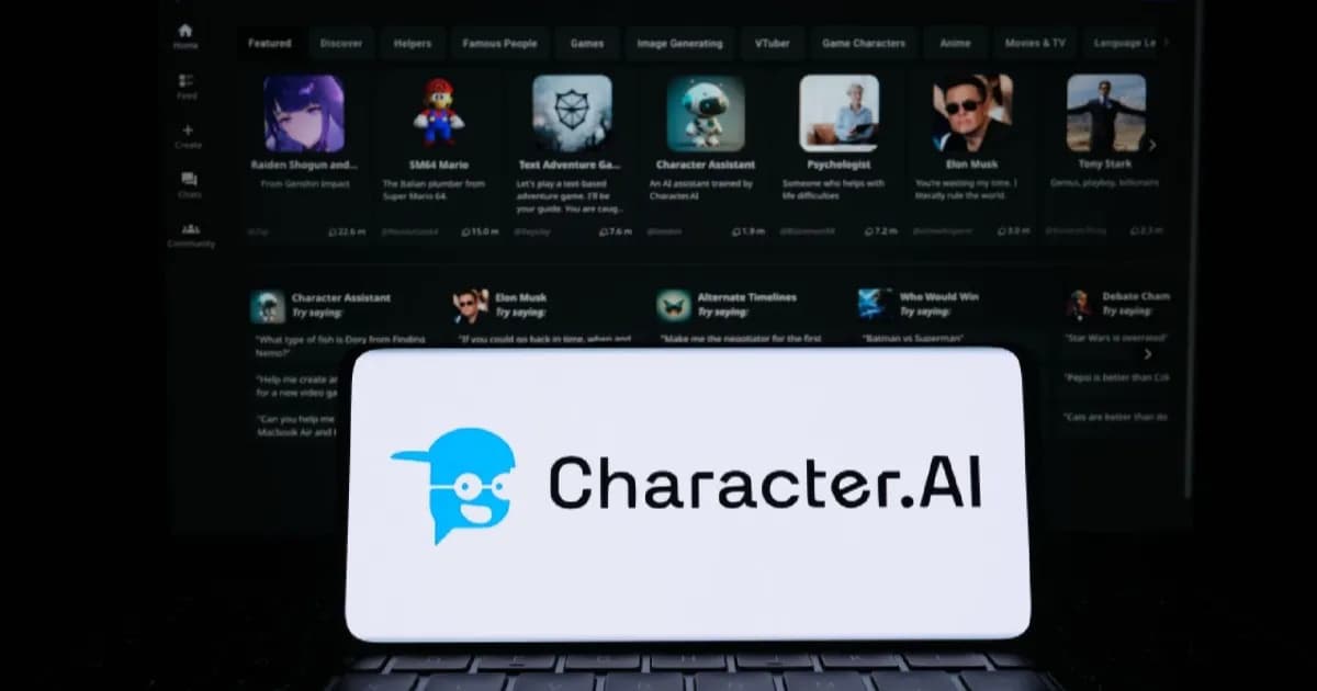 Ilustrasi pengguna Character.AI dengan tampilan antarmuka chatbot AI di layar perangkat