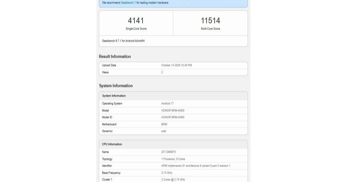Honor Win2 muncul di Geekbench dengan chipset Snapdragon 8 Elite Extreme Gen 6