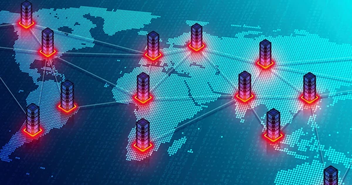 Ilustrasi jaringan proxy server dan data center yang tersebar di seluruh dunia dalam bentuk 3D