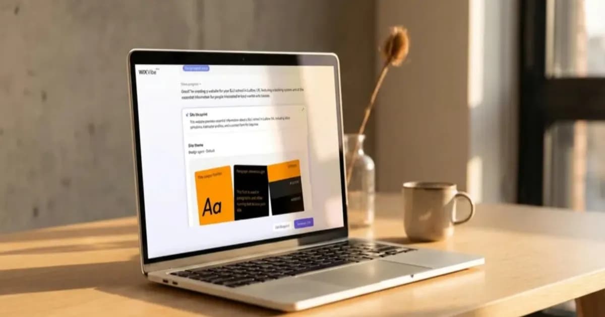 Pengusaha membangun website pakai AI dengan builder di laptop di meja minimalis