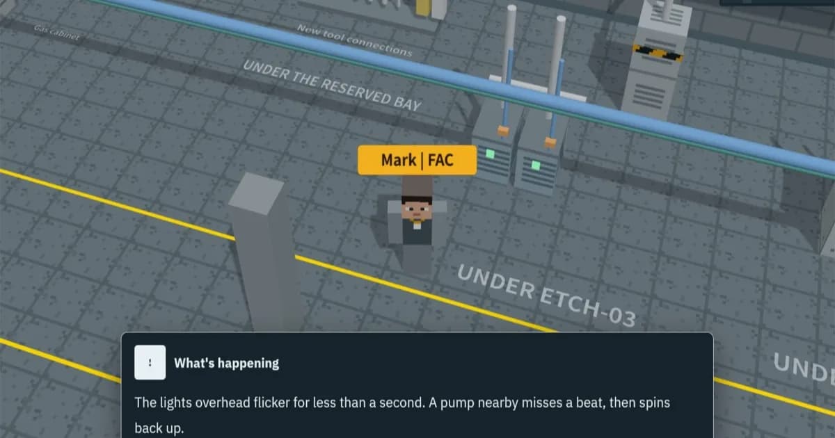Tampilan game Fab24hr simulator pabrik wafer semikonduktor 3D bergaya blocky