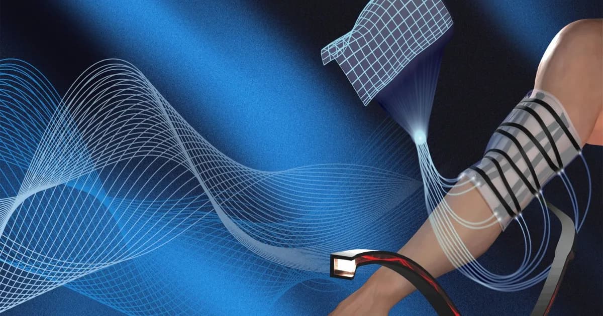 Ilustrasi lengan dalam selongsong bergaris serat optik terhubung ke wireframe bentuk selongsong