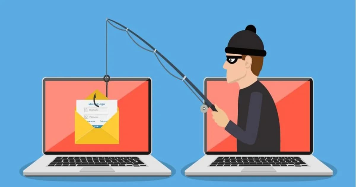 Ilustrasi kartun phishing email dengan tautan berbahaya yang memancing korban mengklik