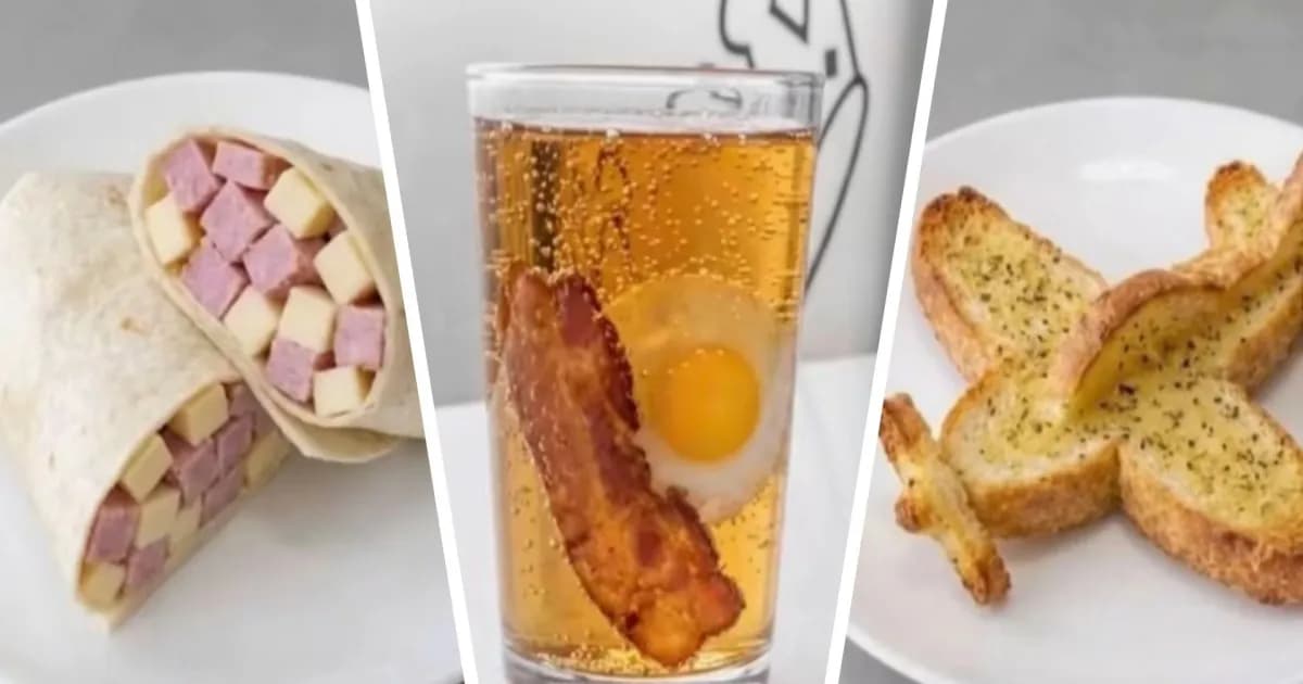 Tangkapan layar gambar makanan hasil AI yang menampilkan bacon dan telur mengambang di segelas cola pada uji coba Just Eat