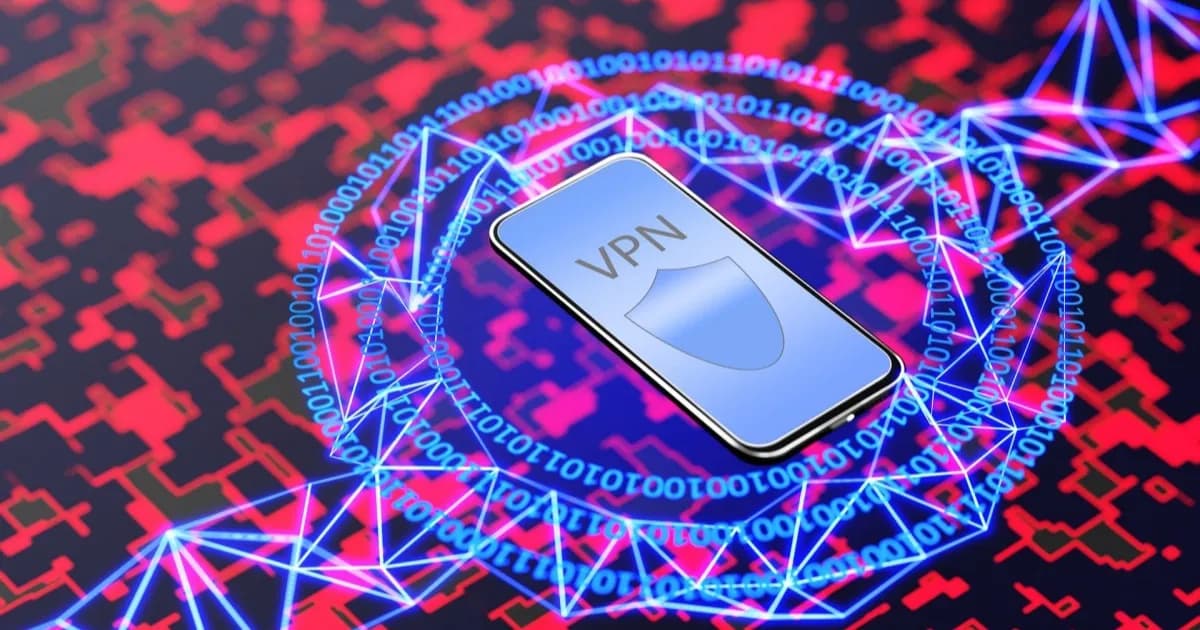 Ilustrasi bendera Rusia dan ikon VPN di layar smartphone