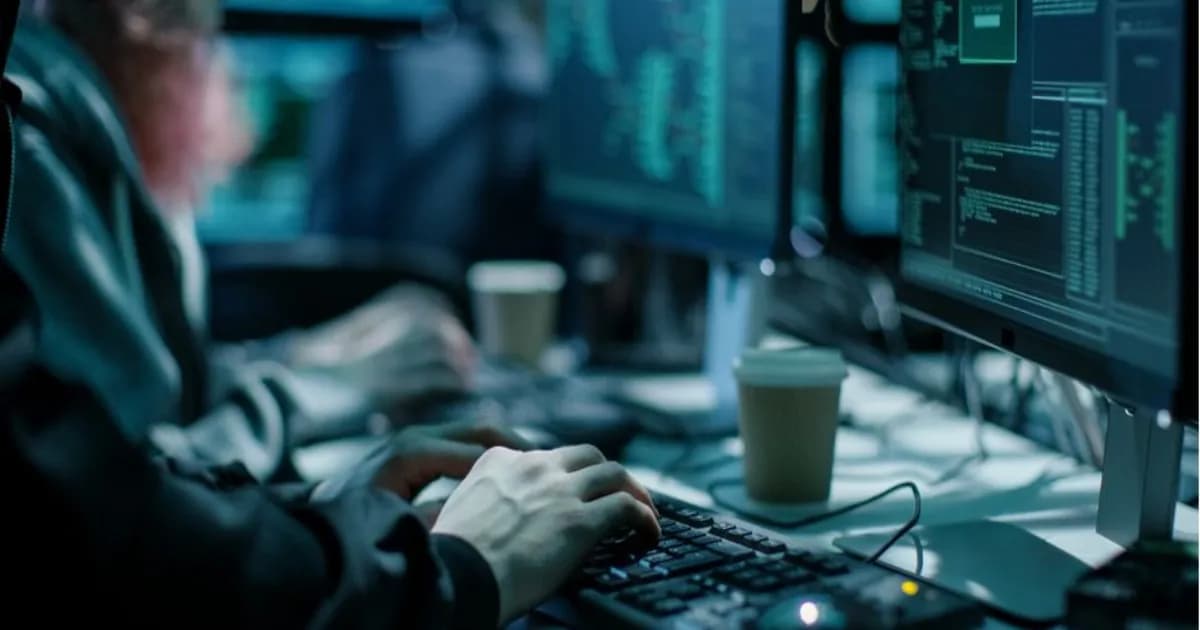 Ilustrasi developer menulis kode dengan bantuan AI di depan layar laptop