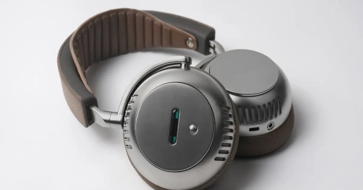 Écoute TH2 headphone bervalve dengan warna nickel di atas latar abu-abu
