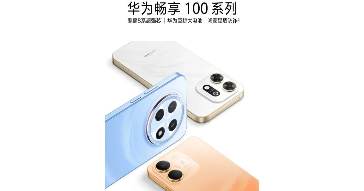 Poster teaser Huawei Enjoy 100 series dengan tiga ponsel warna biru, putih, dan oranye