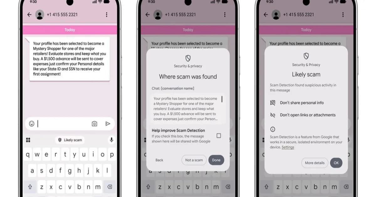 Tampilan fitur Enhanced Protection Google Messages dengan deteksi scam berbasis Gemini