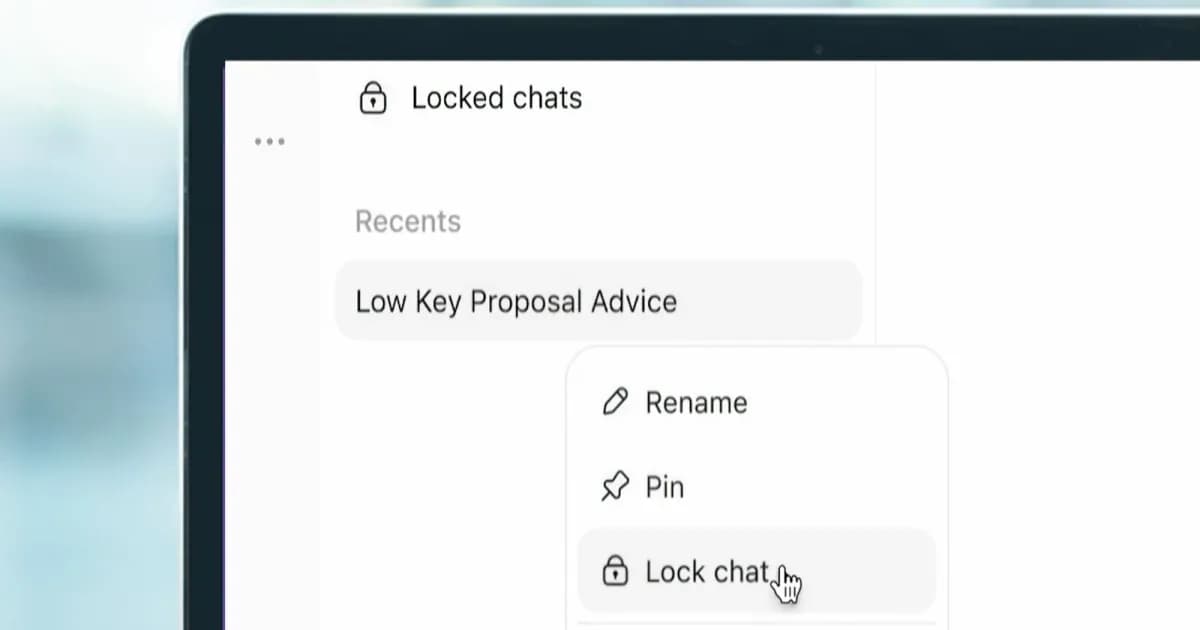 Tampilan fitur Locked Chats ChatGPT di layar laptop dengan opsi kunci percakapan